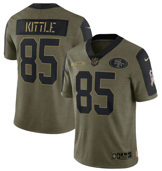 Men's San Francisco 49ers #85 George Kittle 2021 Olive Camo Salute To Service Limited Stitched Jersey Men's San Francisco 49ers #85 George Kittle 2021 Olive Camo Salute To Service Limited Stitched Jersey